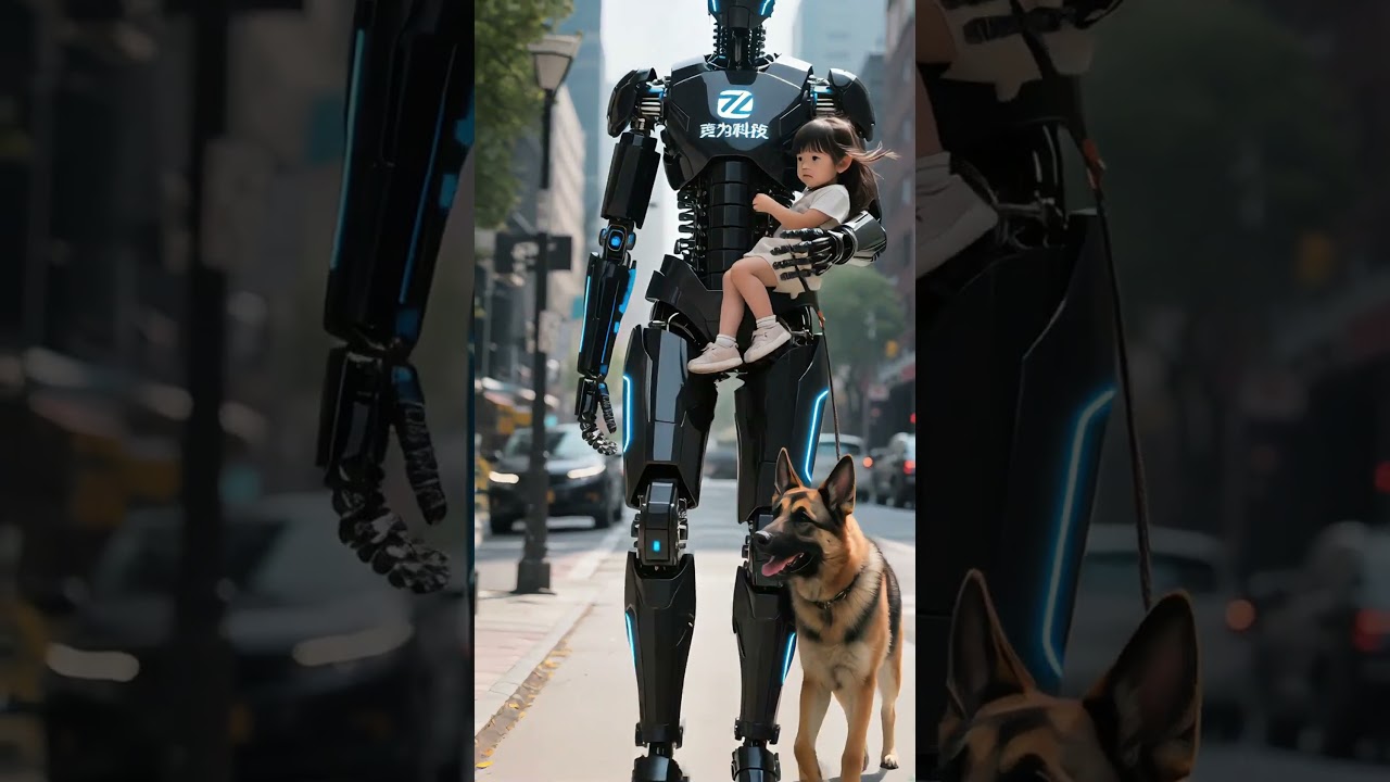A humanoid robot, carrying a little girl in its arms, is walking on the city street.